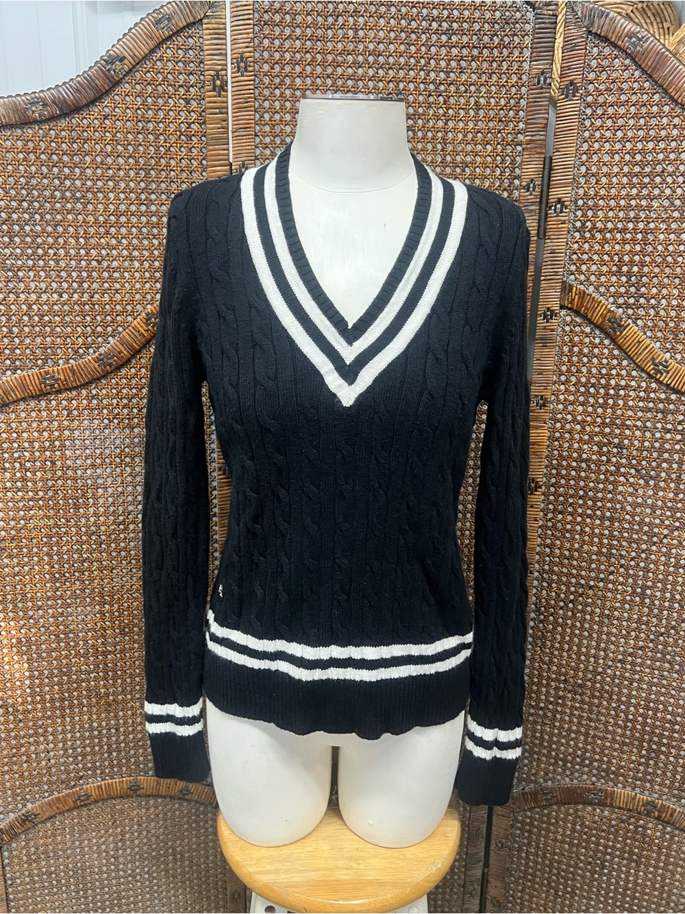 Lauren Ralph Lauren black white v neck sweater PL preppy cotton cable knit - Picture 2 of 11
